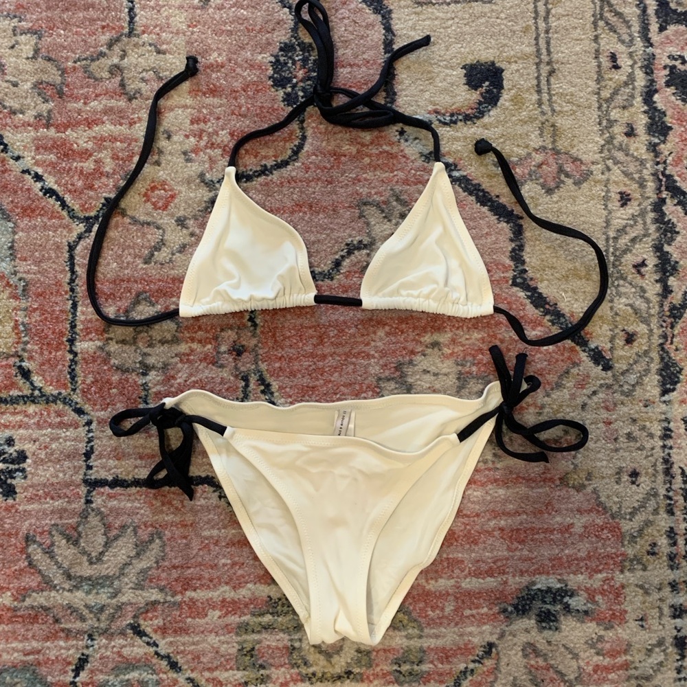 Solid & Striped White Black String Bikini Swimsuit